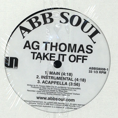 A.G. Thomas - The 1, 2 / Take It Off