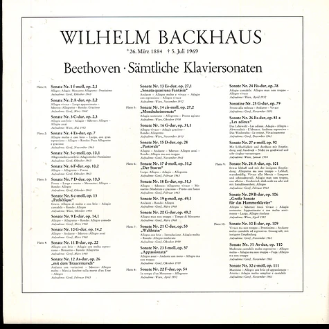 Ludwig Van Beethoven / Wilhelm Backhaus - Sämtliche Klaviersonaten / Complete Piano Sonatas