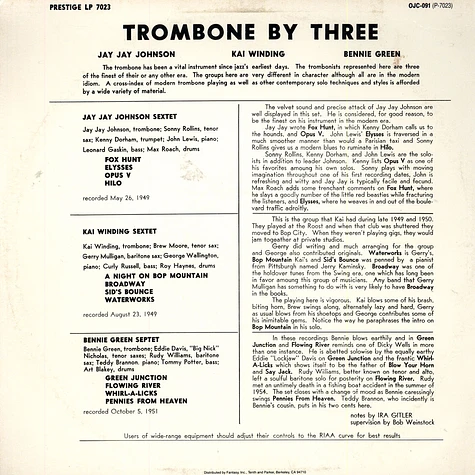 J.J. Johnson / Kai Winding / Benny Green - Trombone By Three