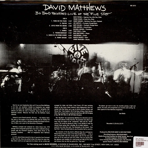 Dave Matthews - Big Band Recorded Live At The "Five Spot"