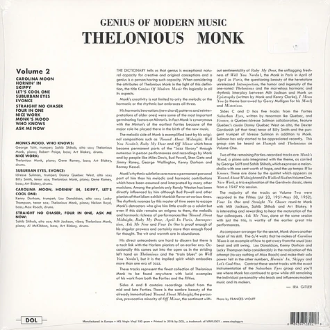 Thelonious Monk - Genius Of Modern Music - Volume 2 180g Vinyl Edition