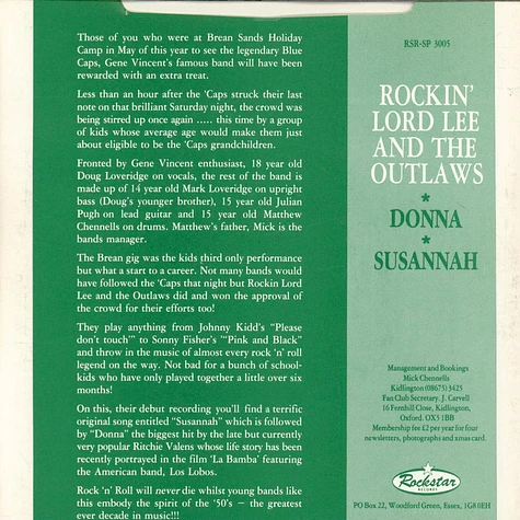Rockin' Lord Lee And The Outlaws - Donna / Susannah