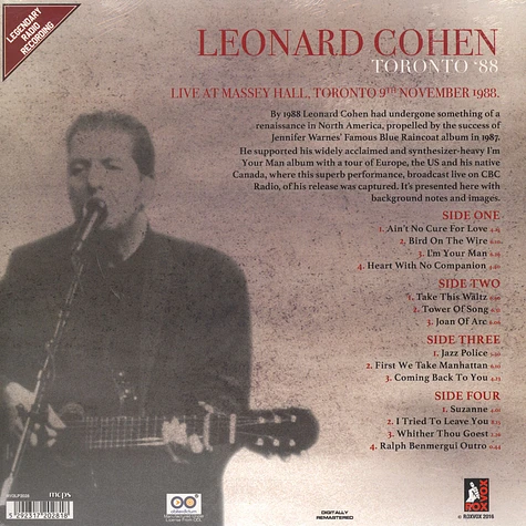 Leonard Cohen - Toronto ‘88 Black Vinyl Edition