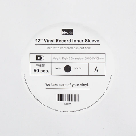 Record Inner Sleeve - 12" Vinyl LP Innenhüllen mit Eckschnitt (antistatisch) (Mittelloch) (Weiß)