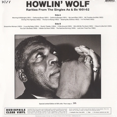 Howlin’ Wolf - Rarities From The Singles As & Bs 1951-62 Audiophile Clear Vinyl Edition