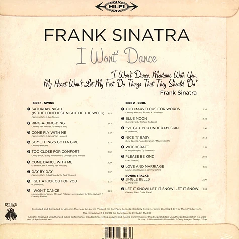 Frank Sinatra - I Won't Dance Record Store Day 2019 Edition