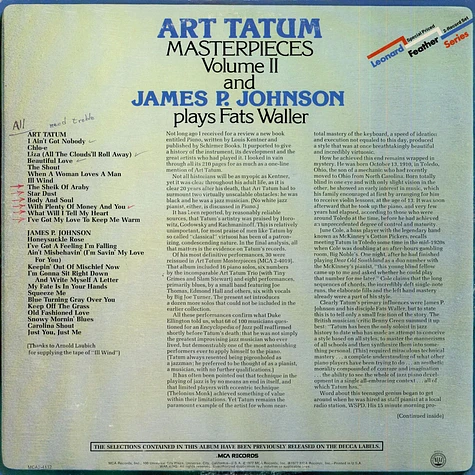Art Tatum / James Price Johnson - Art Tatum Masterpieces Volume II And James P. Johnson Plays Fats Waller