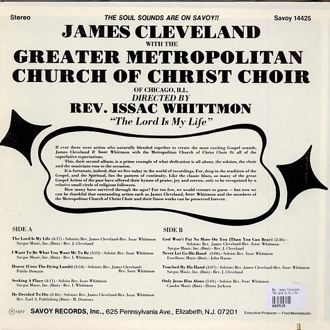 Rev. James Cleveland With The Greater Metropolitan Church Of Christ Choir Directed By Rev. Issac Whittmon - The Lord Is My Life