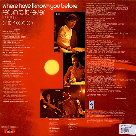 Return To Forever Featuring Chick Corea - Where Have I Known You Before