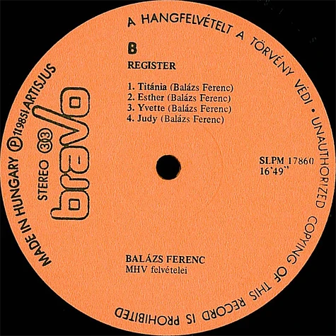 Balázs Ferenc - Register