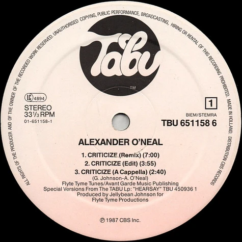 Alexander O'Neal - Criticize (Special 12" Mixes)