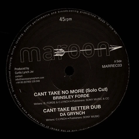 Brinsley Forde, Da Grynch / Blackout, Da Grynch - Can't Take No More, Better Dub / DJ Cut, Phaser Dub