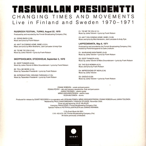Tasavallan Presidentti - Changing Times And Movements - Live In Finland And Sweden 1970-1971 Golden Vinyl Edtition