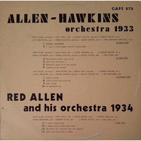 V.A. - Allen Hawkins Orchestra 1933 / Red Allen And His Orchestrra 1934