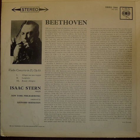 Isaac Stern / Ludwig van Beethoven / Leonard Bernstein, The New York Philharmonic Orchestra - Violin Concerto In D Major
