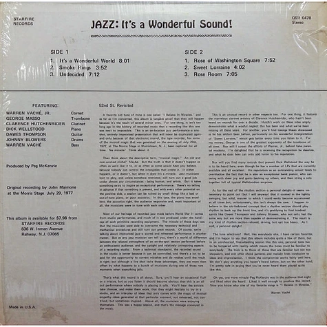 Warren Vaché, George Masso, Clarence Hutchenrider, Dick Wellstood, Dawes Thompson, Johnny Blowers, Warren Vaché Sr. - Jazz: It's A Wonderful Sound!
