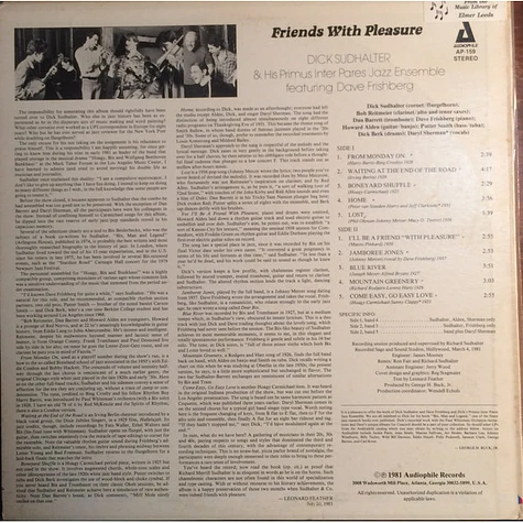 Richard M. Sudhalter & His Primus Inter Pares Jazz Ensemble , Featuring Dave Frishberg - Friends With Pleasure