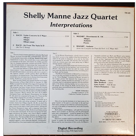 Shelly Manne Jazz Quartet - Interpretations Of Bach And Mozart