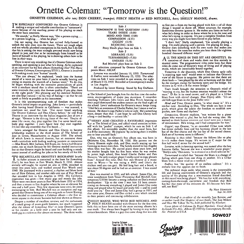Ornette Coleman - Tomorrow Is The Question! Clear Vinyl Edtion