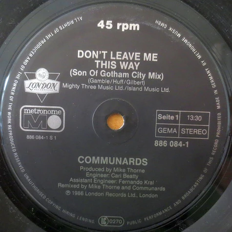 The Communards With Sarah Jane Morris - Don't Leave Me This Way (Son Of Gotham City Mix)