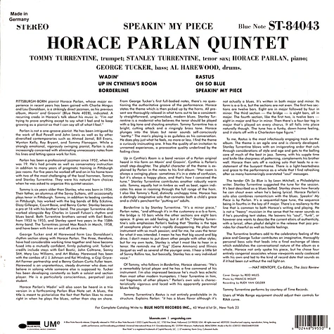 Horace Parlan - Speakin' My Piece Blue Note Classiv Vinyl