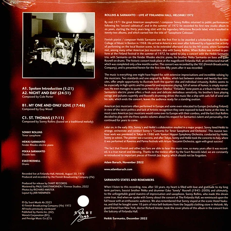 Sonny Rollins With Heikki Sarmanto Trio - Live At Finlandia Hall Helsinki 1972 Black Vinyl Edition