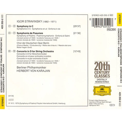 Igor Stravinsky / Chor der Deutschen Oper Berlin, Berliner Philharmoniker, Herbert von Karajan - Psalmensymphonie - Symphonie In C - Concerto In D
