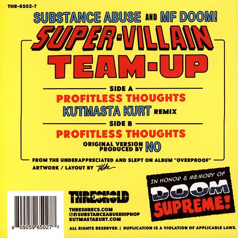 Substance Abuse & MF DOOM - Super-Villain Team-Up Profitless Thoughts Kutmasta Kurt Remix HHV EU Silver Vinyl Edition