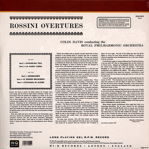 Gioachino Rossini - Overtures Sir Colin Davis 180g Edition