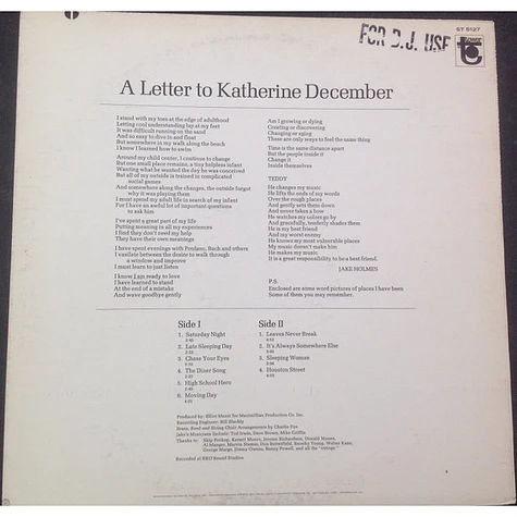 Jake Holmes - A Letter To Katherine December