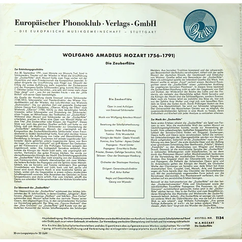 Wolfgang Amadeus Mozart - Peter Roth-Ehrang • Fritz Wunderlich • Gisela Vivarelli • Agnes Giebel • Horst Günter • Erna-Maria Duske, Chor Der Hamburgischen Staatsoper und Orchester Der Staatsoper Hamburg Dirigent: Artur Rother - Die Zauberflöte - Opern-Querschnitt