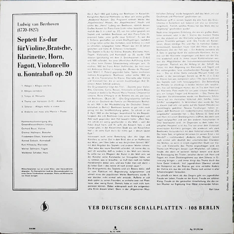 Ludwig Van Beethoven, Gewandhaus-Kammermusikvereinigung - Septett Für Violine, Bratsche, Klarinette, Horn, Fagott, Violincello Und Kontrabass Es-dur Op. 20