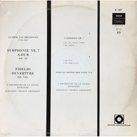 Ludwig van Beethoven, L'Orchestre De La Suisse Romande, Ernest Ansermet - Beethoven - Symphonie Nr. 7 A-Dur, Op. 92 - Fidelio Ouvertüre, Op. 72