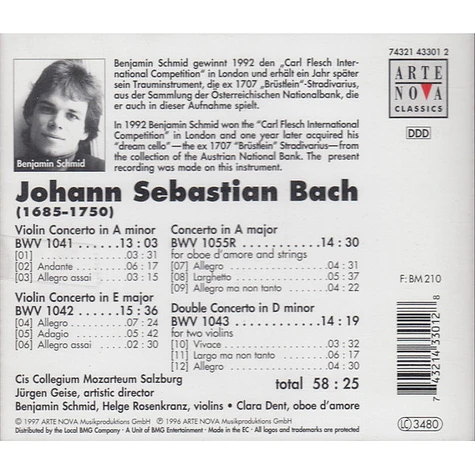 Johann Sebastian Bach, Benjamin Schmid, Cis Collegium Mozarteum Salzburg, Jürgen Geise, Helge Rosenkranz, Clara Dent - Violin Concertos BWV 1041, 1042 - Concerto BWV 1055R - Double Concerto BWV 1043