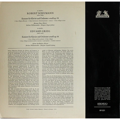 Robert Schumann / Edvard Grieg, Berliner Philharmoniker • Monique Haas • Adrian Aeschbacher • Eugen Jochum • Leopold Ludwig - Konzert Für Klavier Und Orchester A-moll Op. 54 / Konzert Für Klavier Und Orchester A-moll Op. 16