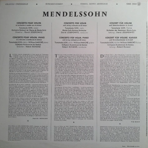 Felix Mendelssohn-Bartholdy, Tomotada Soh, William Grant Naboré, Robert Dunand, David Josefowitz - Concerto For Piano And Violin