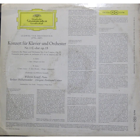 Ludwig van Beethoven / Wilhelm Kempff, Berliner Philharmoniker Dirigent: Ferdinand Leitner - Klavierkonzert Nr. 1 C-Dur, Op. 15