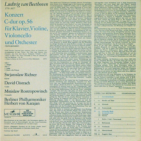 Ludwig van Beethoven, Sviatoslav Richter, David Oistrach, Mstislav Rostropovich, Berliner Philharmoniker, Herbert von Karajan - Konzert Für Klavier, Violine, Violoncello Und Orchester C-dur Op.56