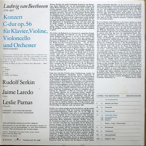 Ludwig van Beethoven, Rudolf Serkin, Jaime Laredo, Leslie Parnas - Konzert Für Klavier, Violine, Violoncello Und Orchester C-dur Op. 56