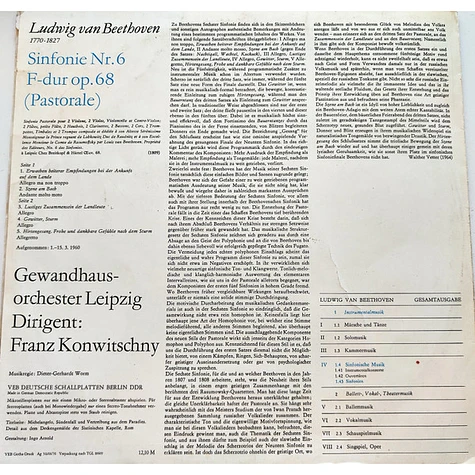 Ludwig van Beethoven / Gewandhausorchester Leipzig , Dirigent: Franz Konwitschny - Sinfonie Nr. 6 F-dur Op. 68 (Pastorale)