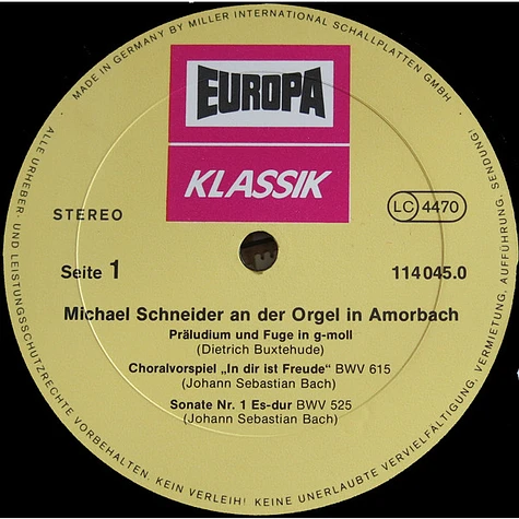 Dieterich Buxtehude, Johann Sebastian Bach, Johann Pachelbel ; Michael Schneider - Michael Schneider An Der Orgel In Amorbach (Werke Von Buxtehude Bach Pachelbel)