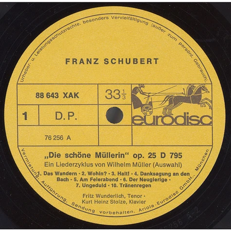 Franz Schubert, Fritz Wunderlich, Kurt Heinz Stolze - Die Schöne Müllerin - Liederzyklus Von Wilhelm Müller Op.25 (Auswahl)