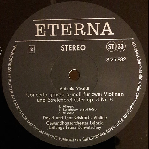 Johann Sebastian Bach / Antonio Vivaldi, David Oistrach Und Igor Oistrach, Gewandhausorchester Leipzig, Franz Konwitschny - Konzert Für Zwei Violinen Und Orchester D-Moll BWV 1043 / Concerto Grosso Op. 3 Nr. 8 A-Moll