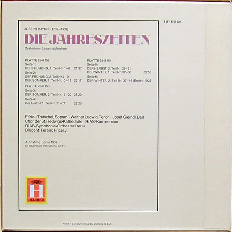 Joseph Haydn - Elfride Trötschel • Walther Ludwig • Josef Greindl • RIAS-Kammerchor, Chor Der St. Hedwigs-Kathedrale Berlin, RIAS Symphonie-Orchester Berlin, Ferenc Fricsay - Die Jahreszeiten (Gesamtaufnahme)