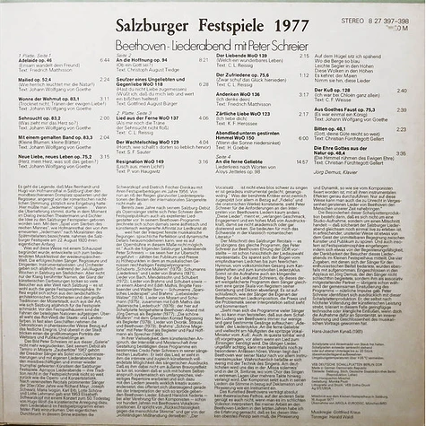 Ludwig van Beethoven, Peter Schreier, Jörg Demus - BeethovenLabel sleeve.iederabend (Salzburger Festspiele 1977)