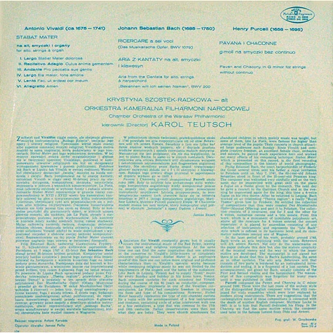 Antonio Vivaldi, Johann Sebastian Bach, Henry Purcell - Krystyna Szostek-Radkowa, Warsaw Philharmonic Chamber Orchestra , Drector Karol Teutsch - Stabat Mater. Ricercare. Aria. Pavan