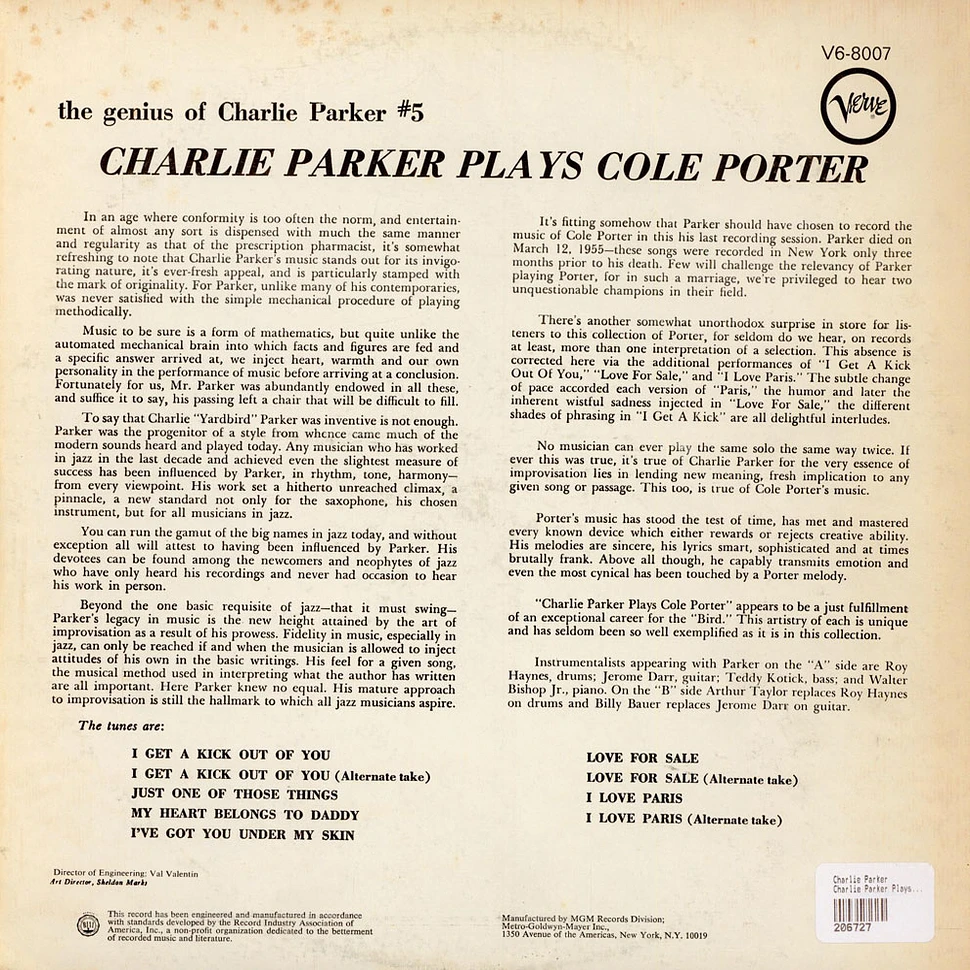 Charlie Parker - Charlie Parker Plays Cole Porter, The Genius Of Charlie Parker #5