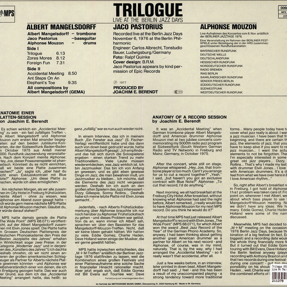 Trilogue (Albert Mangelsdorff / Jaco Pastorius / Alphonse Mouzon) - Live At The Berlin Jazz Days