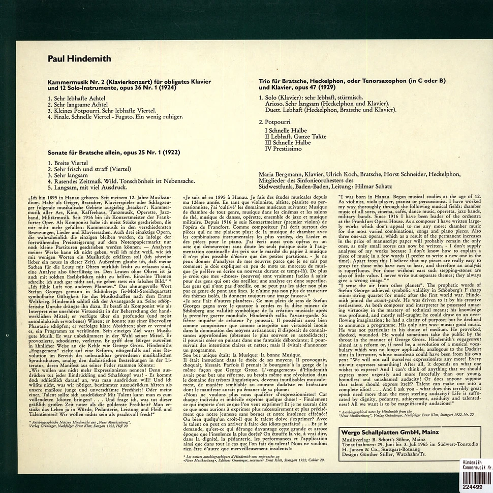 Paul Hindemith - Kammermusik Nr.2 (Klavierkonzert) / Trio Für Bratsche, Heckelphon Und Klavier / Sonate Für Bratsche Allein