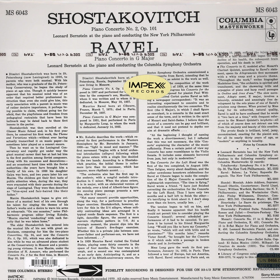 Leonard Shostakovitch / Ravel / Bernstein - Pianot Concerto 2 / Piano Concerto In G Major